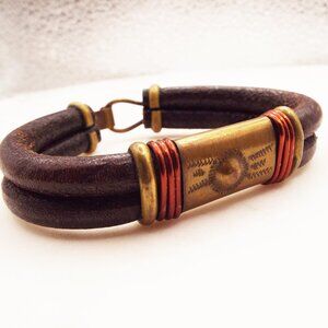 1960'S HIPPIE ARTIST MADE WOODSTOCK LEATHER, BRASS & RED COPPER BRACELET 53